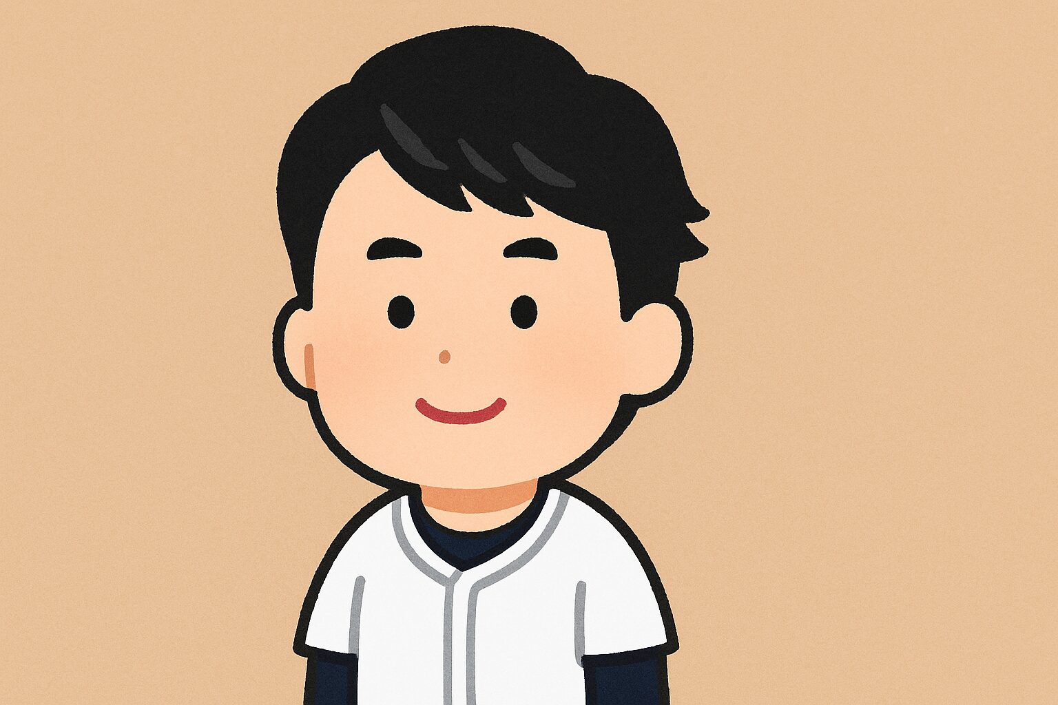 茶色の背景の前で笑顔を見せる野球ユニフォーム姿の2頭身キャラクターの男性イラスト