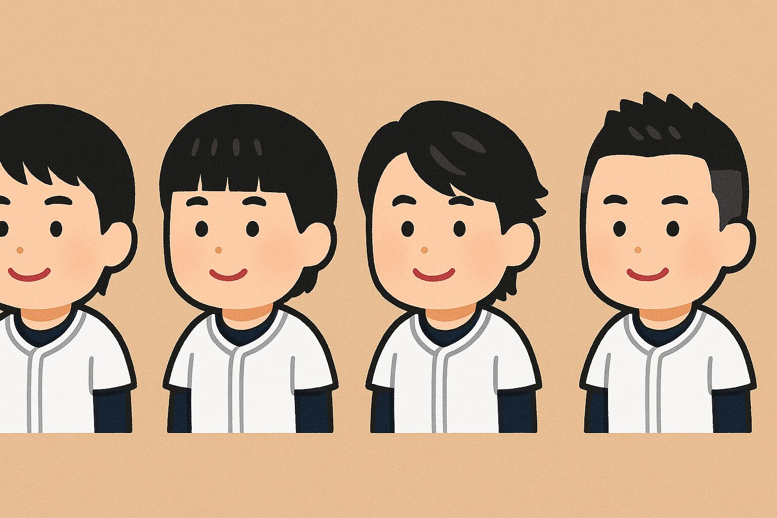 茶色の背景に野球ユニフォームを着た2頭身キャラクターが4種類の髪型で並んでいるイラスト