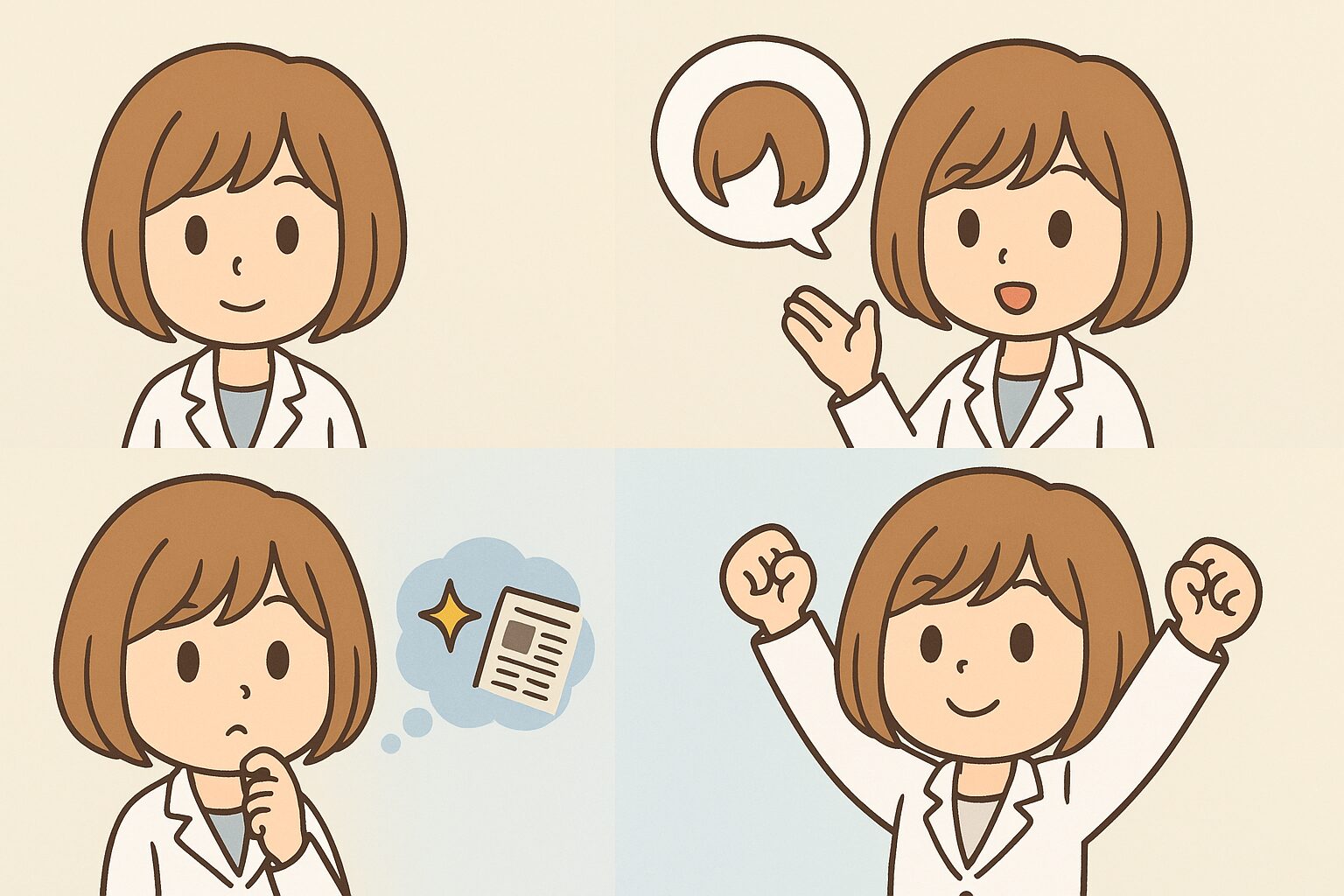 白衣を着た日本人女性が前下がりボブの髪型について説明している4つの場面のイラスト