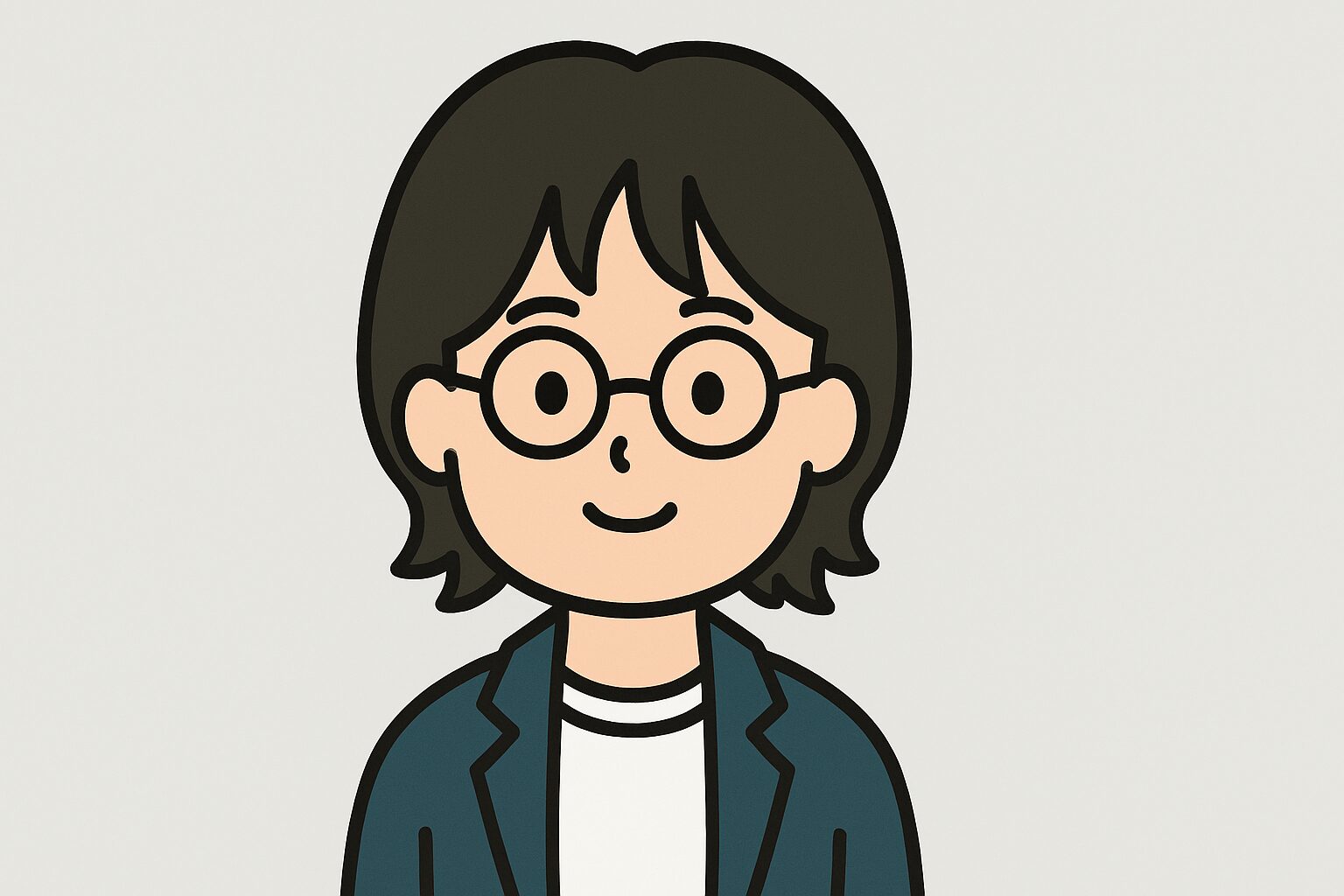 1人の日本人男性がジョンレノン風の髪型と丸メガネを身につけている正面イラスト