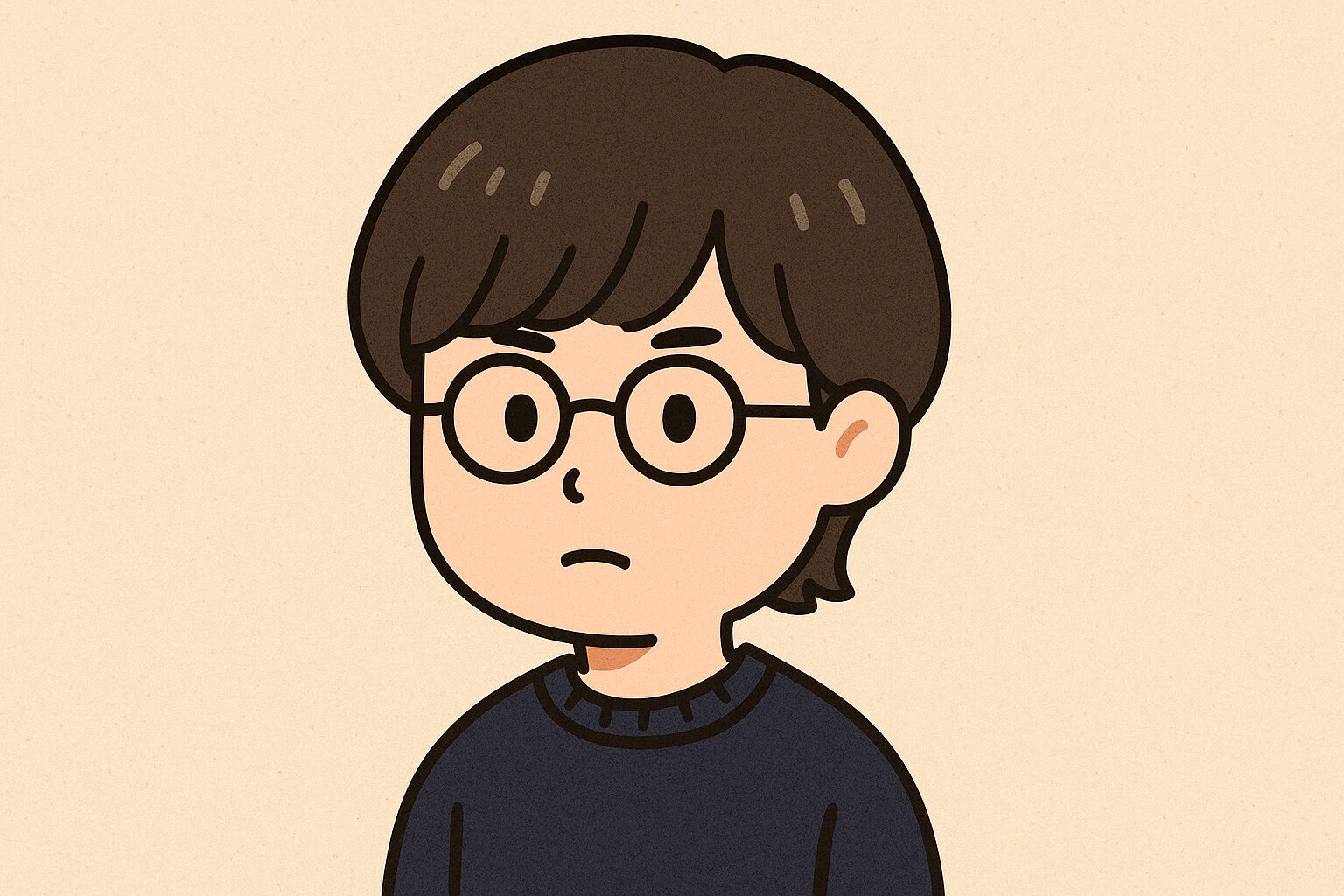 ジョンレノンの髪型を目指す日本人男性が黒い丸メガネとマッシュ風の髪型で前を向いているイラスト