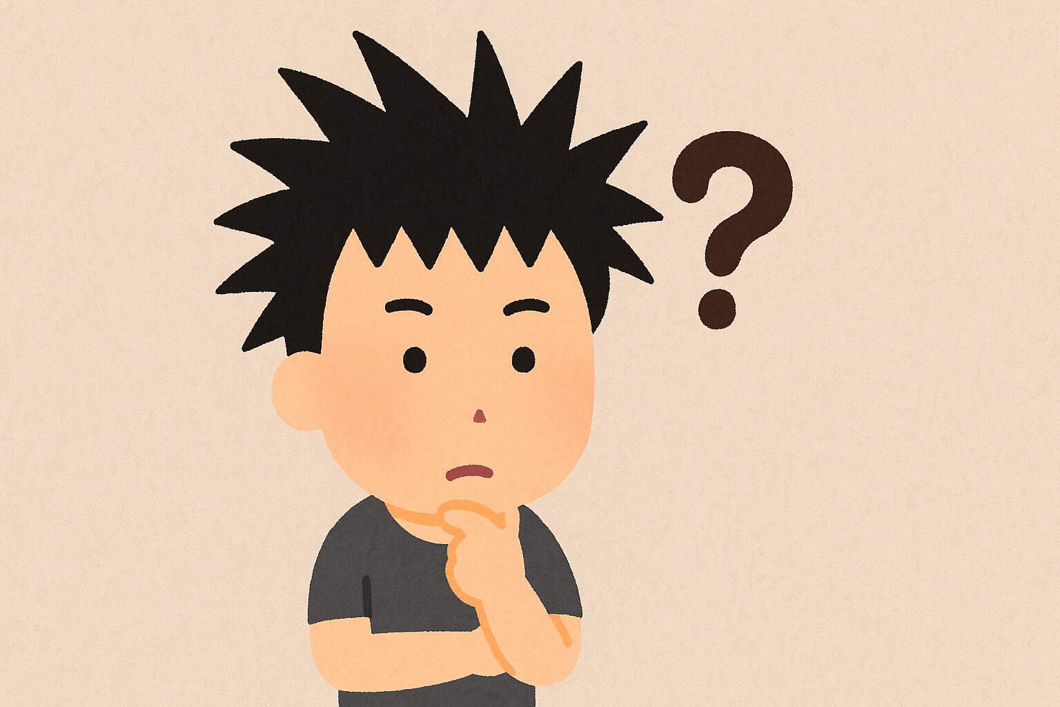 トゲのような髪型をした日本人の男の子が人気や話題について考え込んでいるイラスト