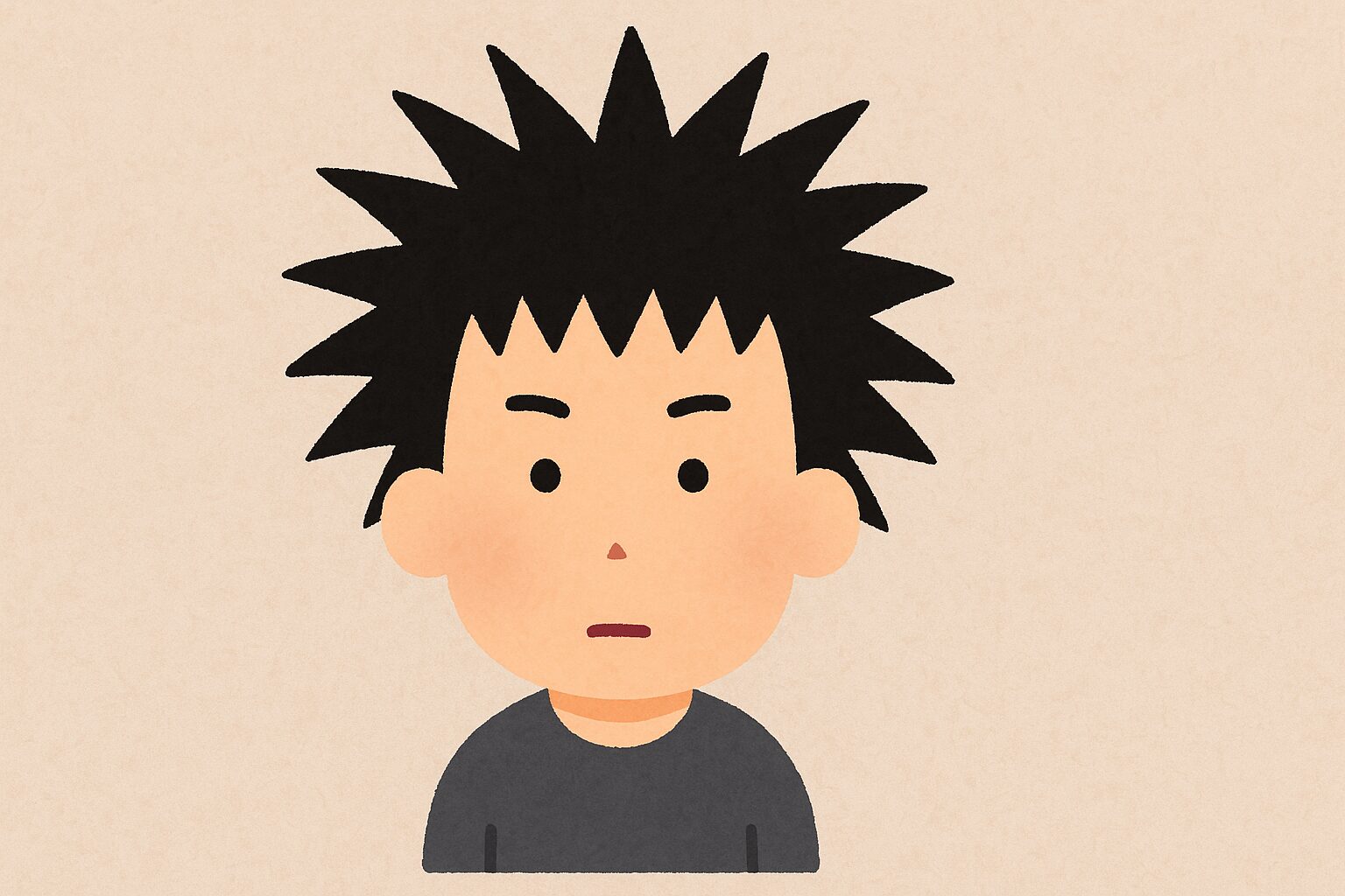 トゲのような髪型をした日本人の男の子が正面を向いて無表情で立っているイラスト