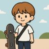 スケートボードを持つ明るめブラウンの髪型の日本人少年が屋外で微笑んでいるイラスト