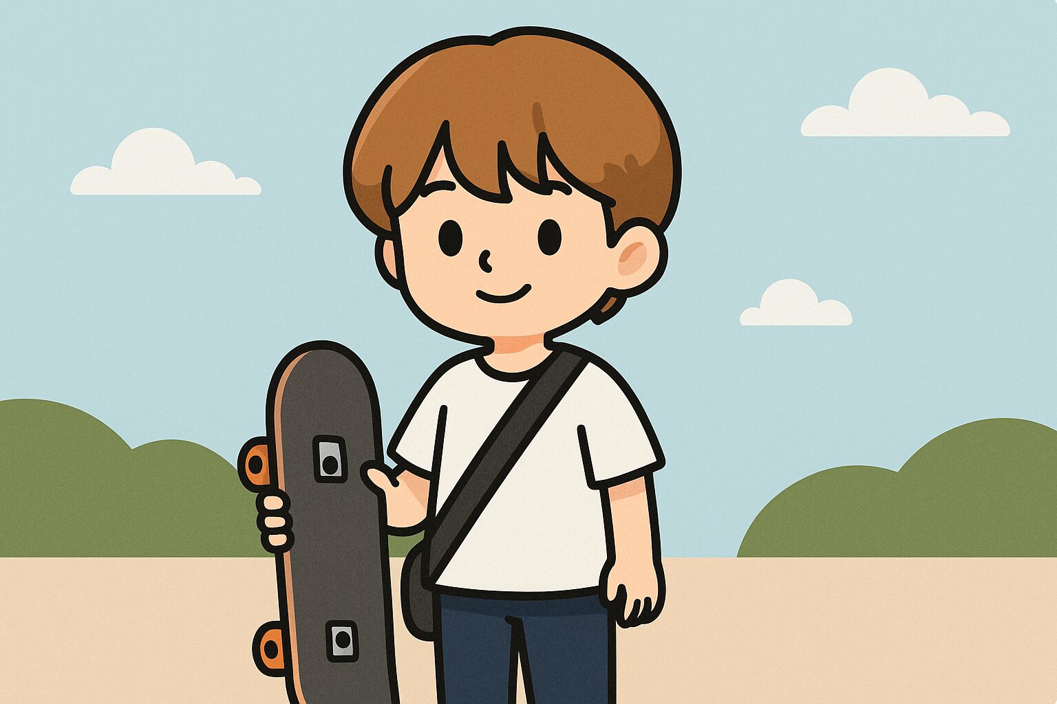 スケートボードを持つ明るめブラウンの髪型の日本人少年が屋外で微笑んでいるイラスト