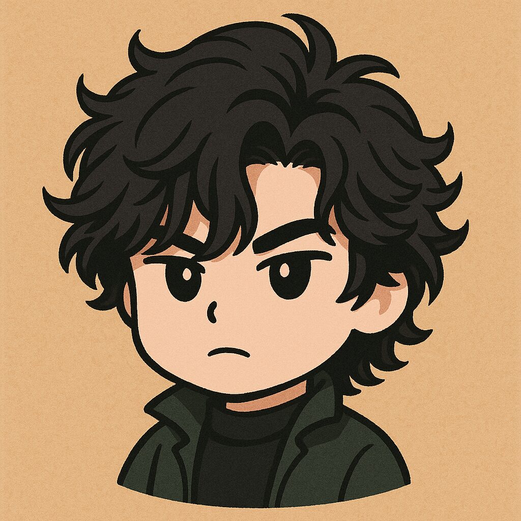 ベージュの背景に、黒髪で動きとボリュームのあるミディアムレングスの髪型をした日本人男性のチビキャライラスト