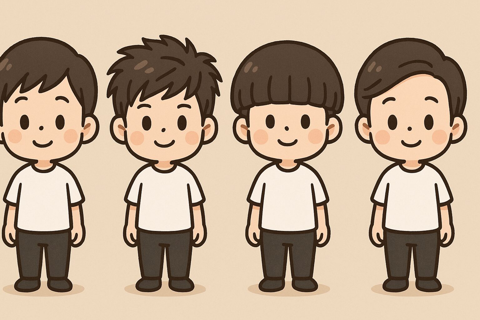 低身長の日本人の男の子が4種類の髪型で並んでいる、ベージュ背景のイラスト風画像。