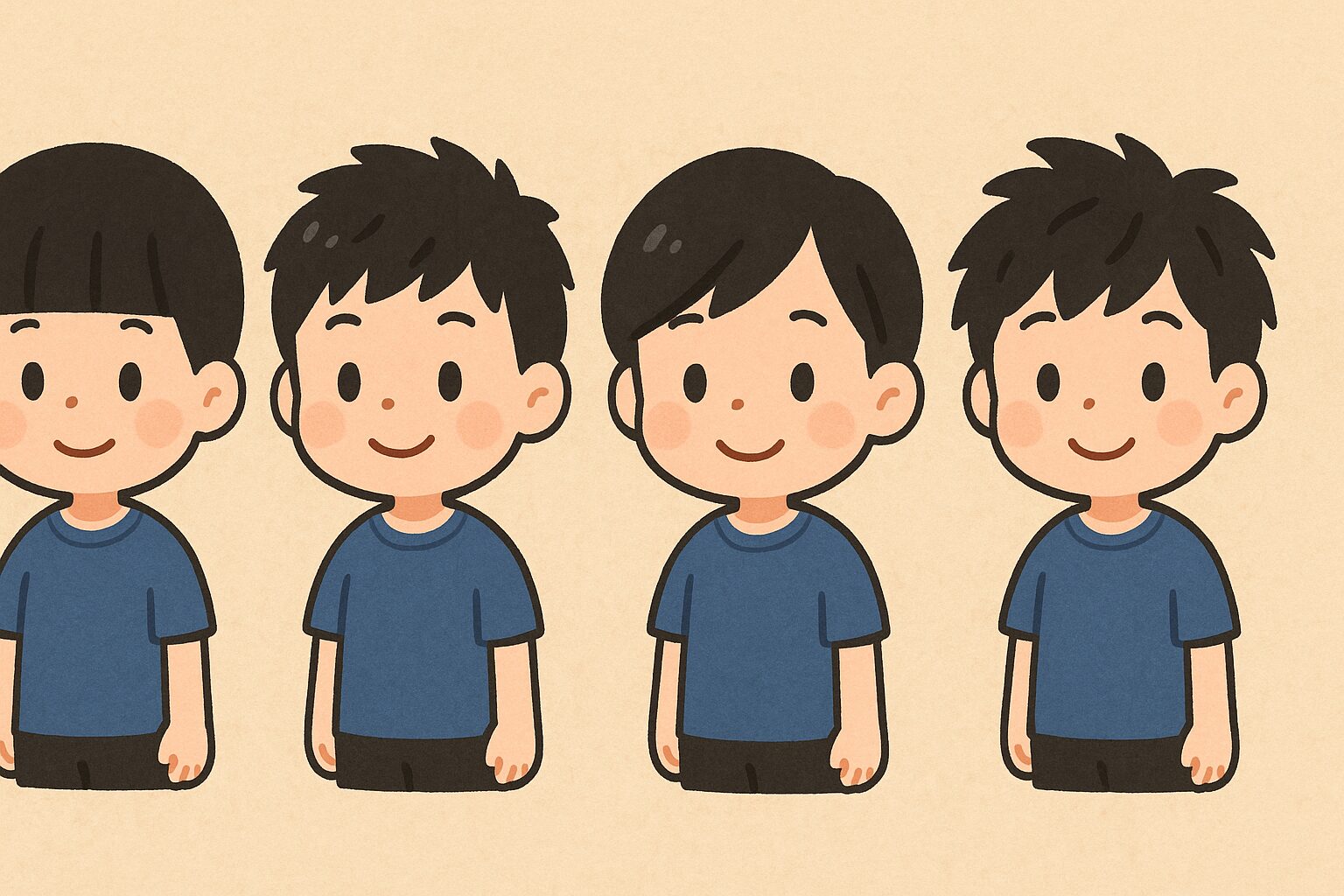 1人の日本人低身長の男の子が、4種類の異なる髪型を試している横長イラスト