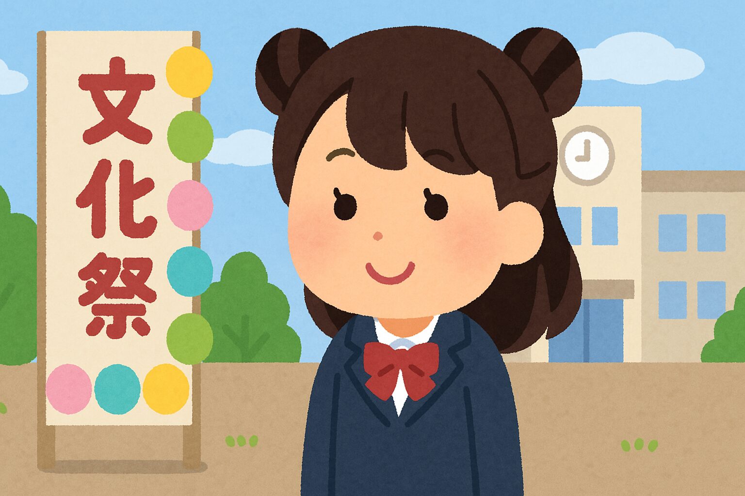 文化祭の校門前でツインお団子ヘアにした女子学生が笑顔で立っているイラスト。