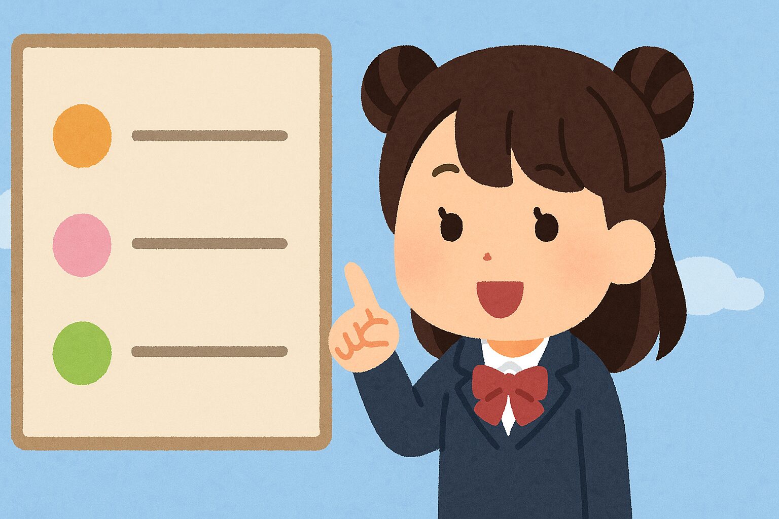 髪型のポイントを示す図を見ながら計画を立てる女子学生のイラスト。
