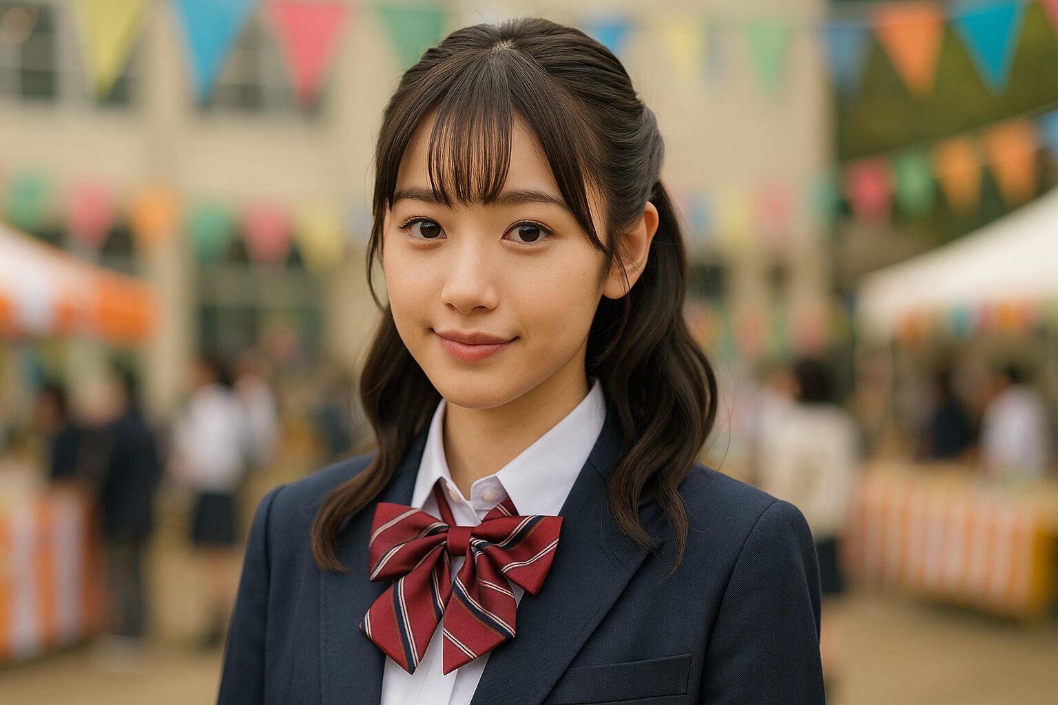 女子高校生が文化祭会場で微笑みながら半アップの髪型をして立っているシーン。