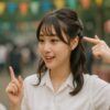 文化祭会場で日本人女子大学生が髪型のポイントを指差しながら友人に説明している様子。