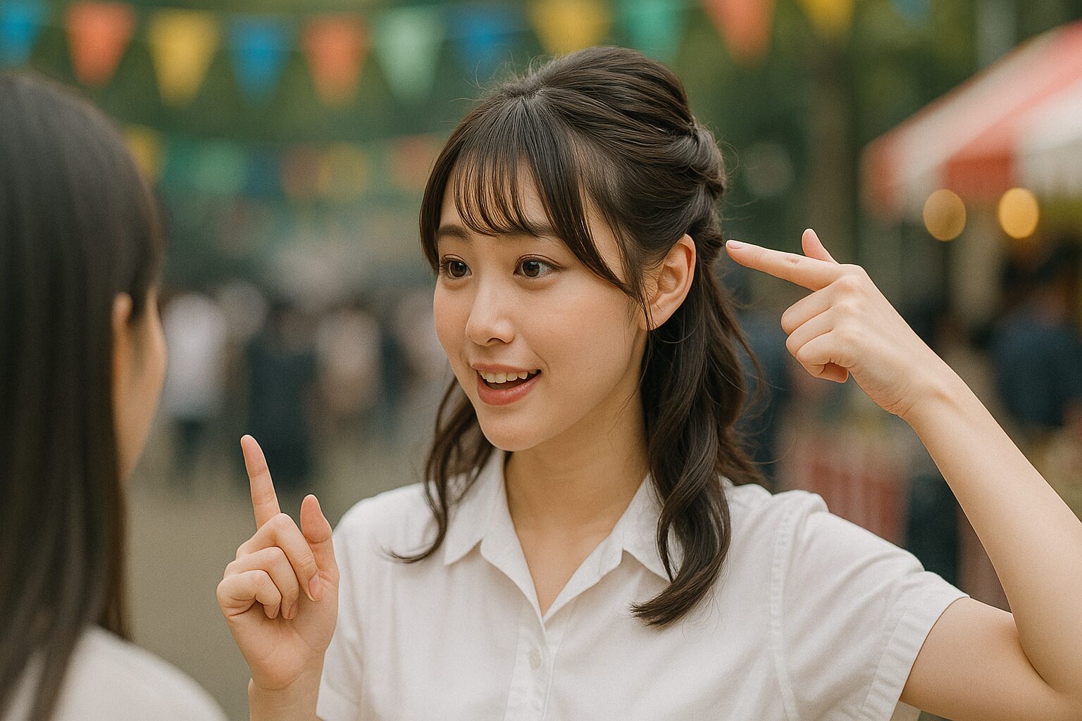 文化祭会場で日本人女子大学生が髪型のポイントを指差しながら友人に説明している様子。