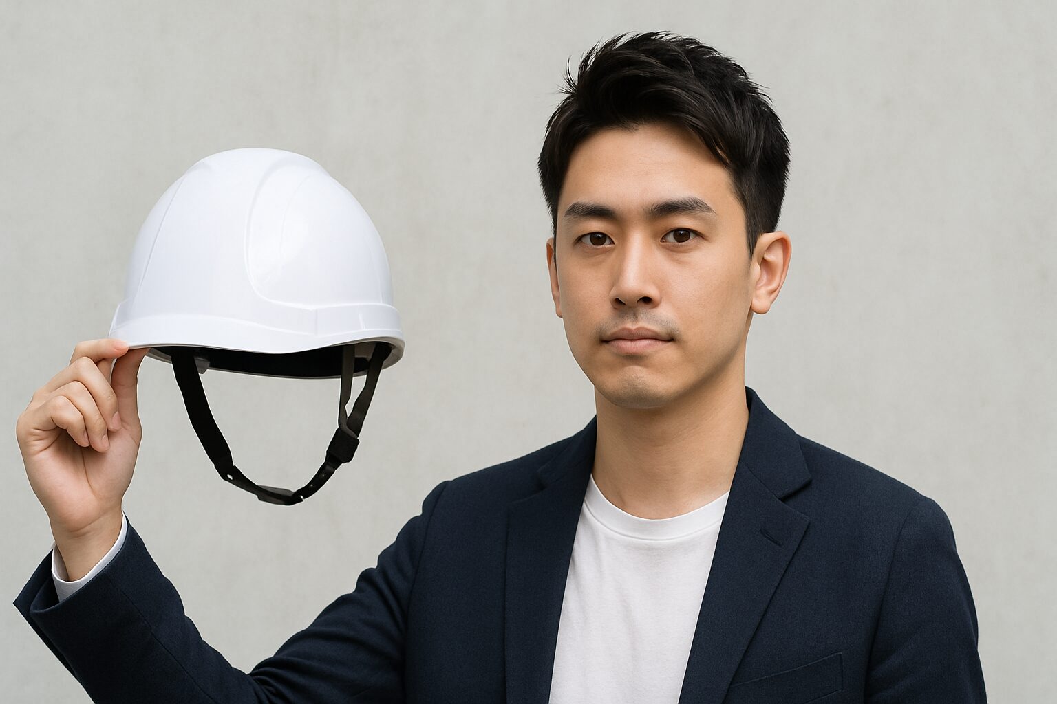 日本人男性が白いヘルメットを手に持ち、髪型が乱れていない様子で前を見ている