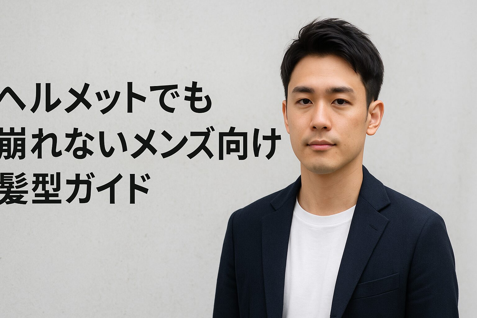 グレーの壁の前で白Tとネイビージャケットを着た日本人男性が正面を見て立っている