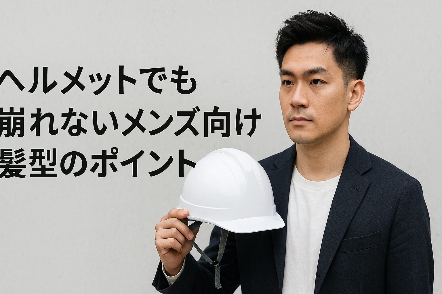 白Tとジャケット姿の日本人男性が白いヘルメットを手にし、満足げな表情で前方を見つめている