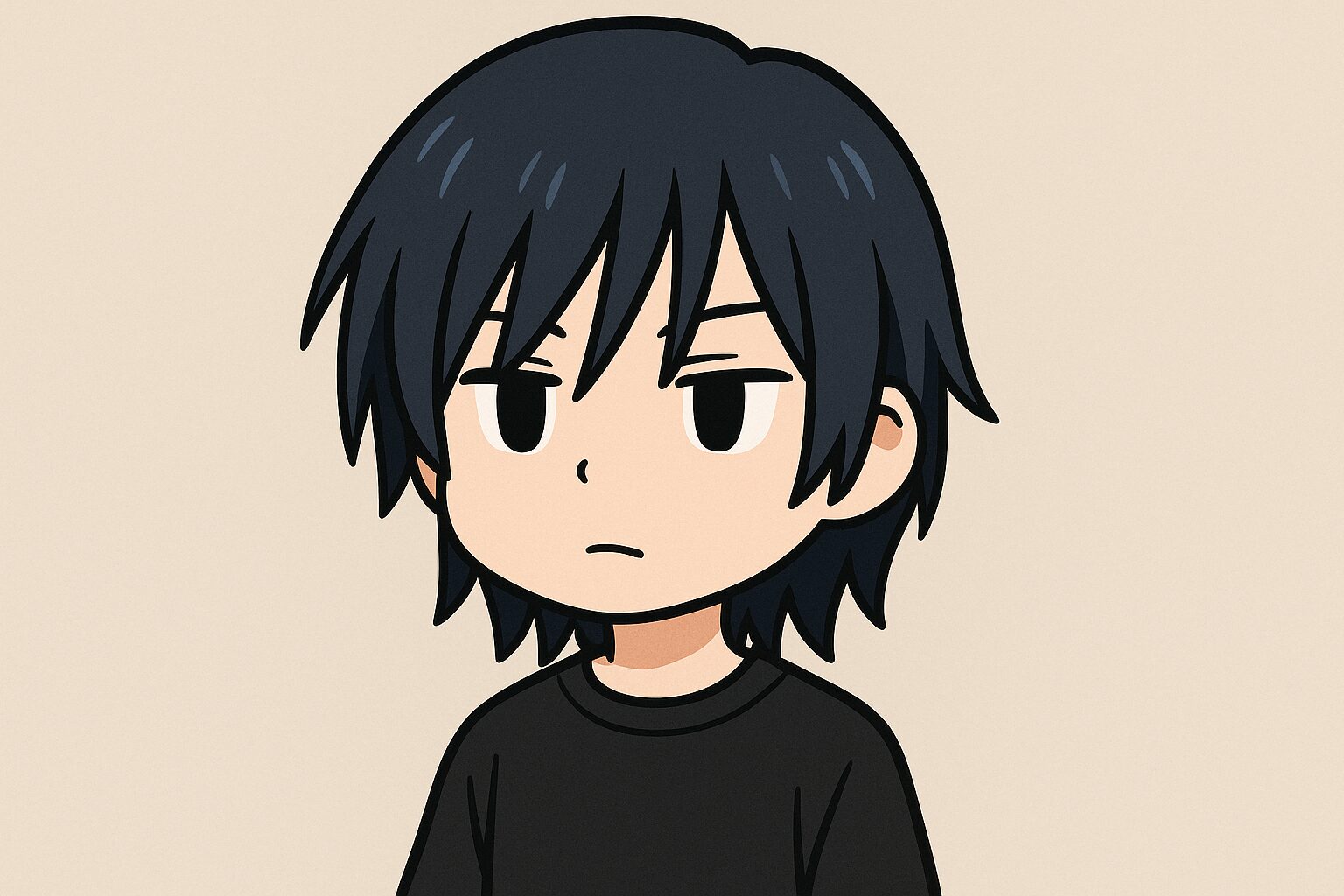 青みがかった黒髪のミディアムレングスでストレートレイヤーの髪型をした日本人風の少年のイラスト