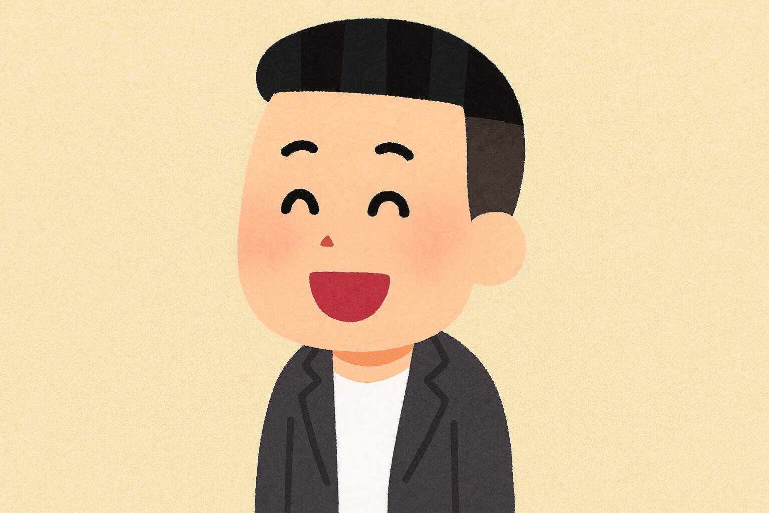 1人の日本人男性がツーブロックの髪型でスーツ姿、笑顔で立っているシンプルな背景のイラスト。