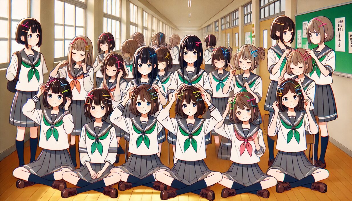 体育祭のはちまきい似合うボブスタイの女子高生たち